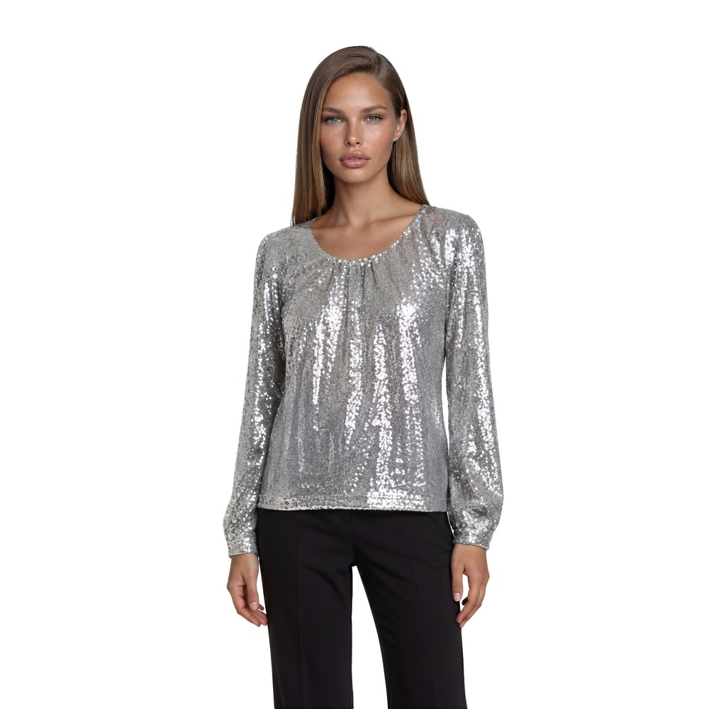 Tyler Boe Silver Sequin Top Blouse Women's Size Medium Silver Pleated Scoop Neck